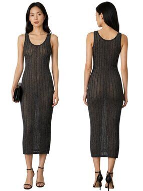 Vintage 90s DKNY Linen Knit Bodycon Midi Dress Women's Small Gray Designer Retro